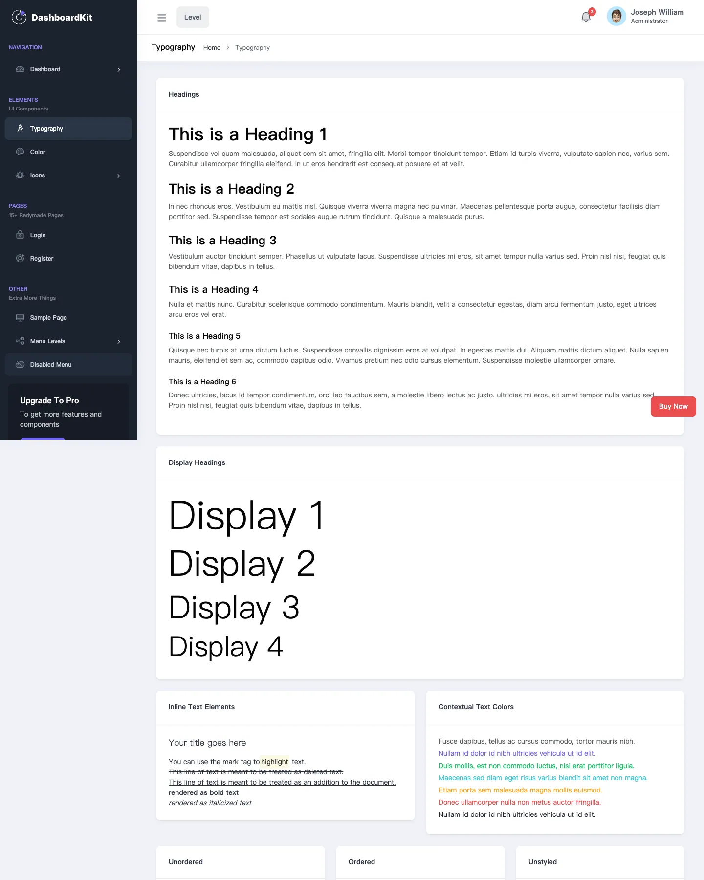 DashboardKit Free React Admin Template website template, /react/free/typography page, part 1