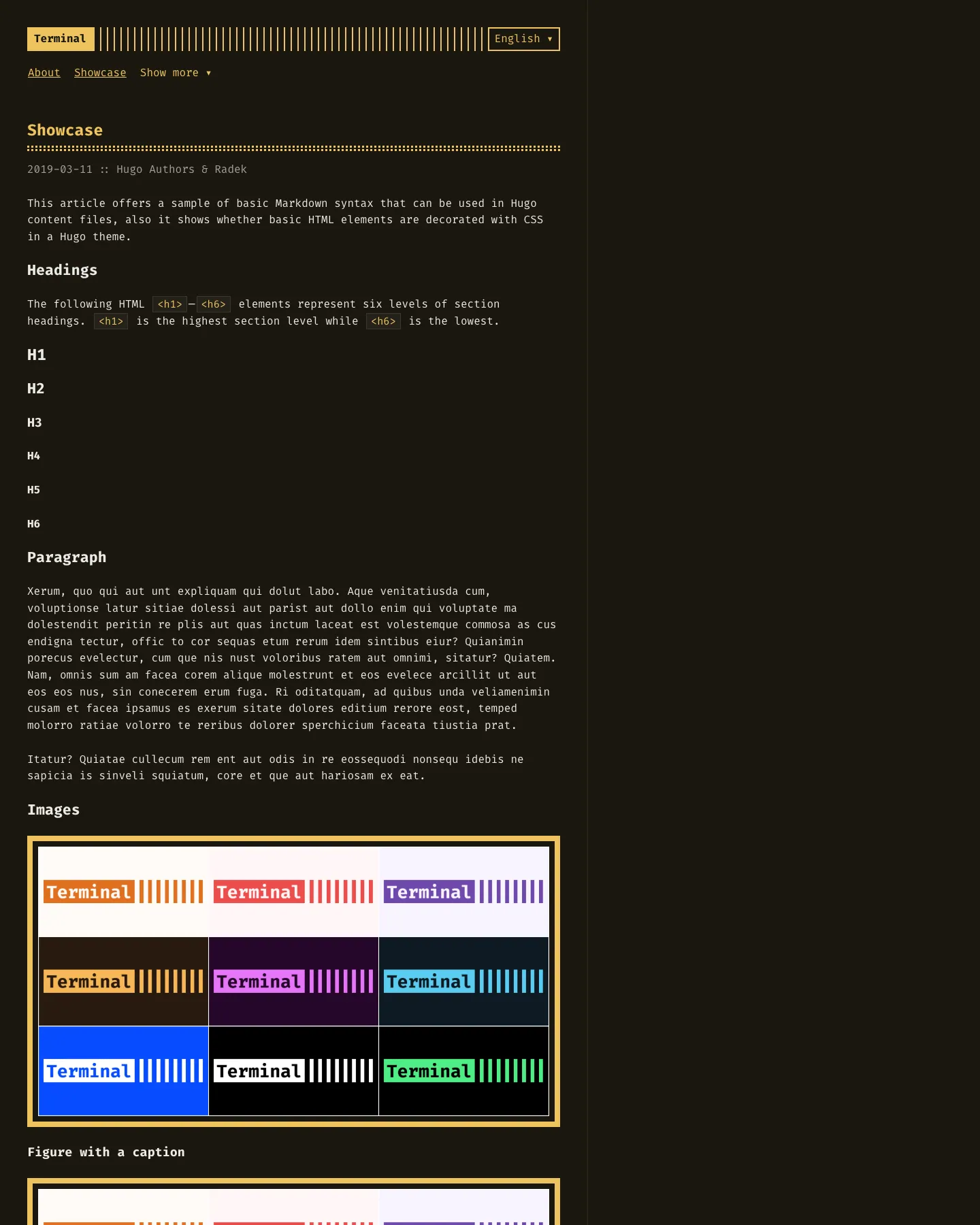 Terminal website template, /hugo-theme-terminal-demo/posts/showcase page, part 1