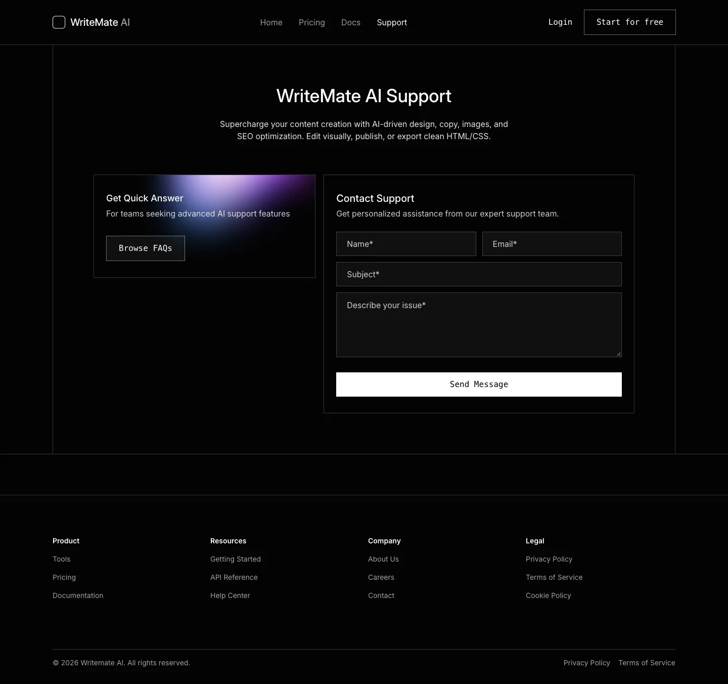 WriteMate AI website template, /support page, part 1