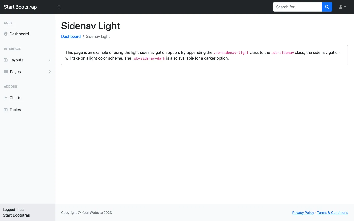 Sb Admin website template, /startbootstrap-sb-admin/layout-sidenav-light.html page, part 1