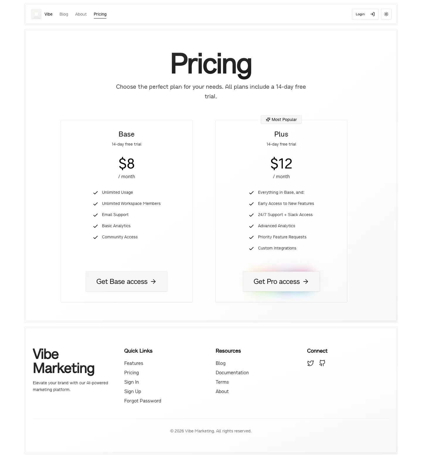 Polar Subscription website template, /pricing page, part 1
