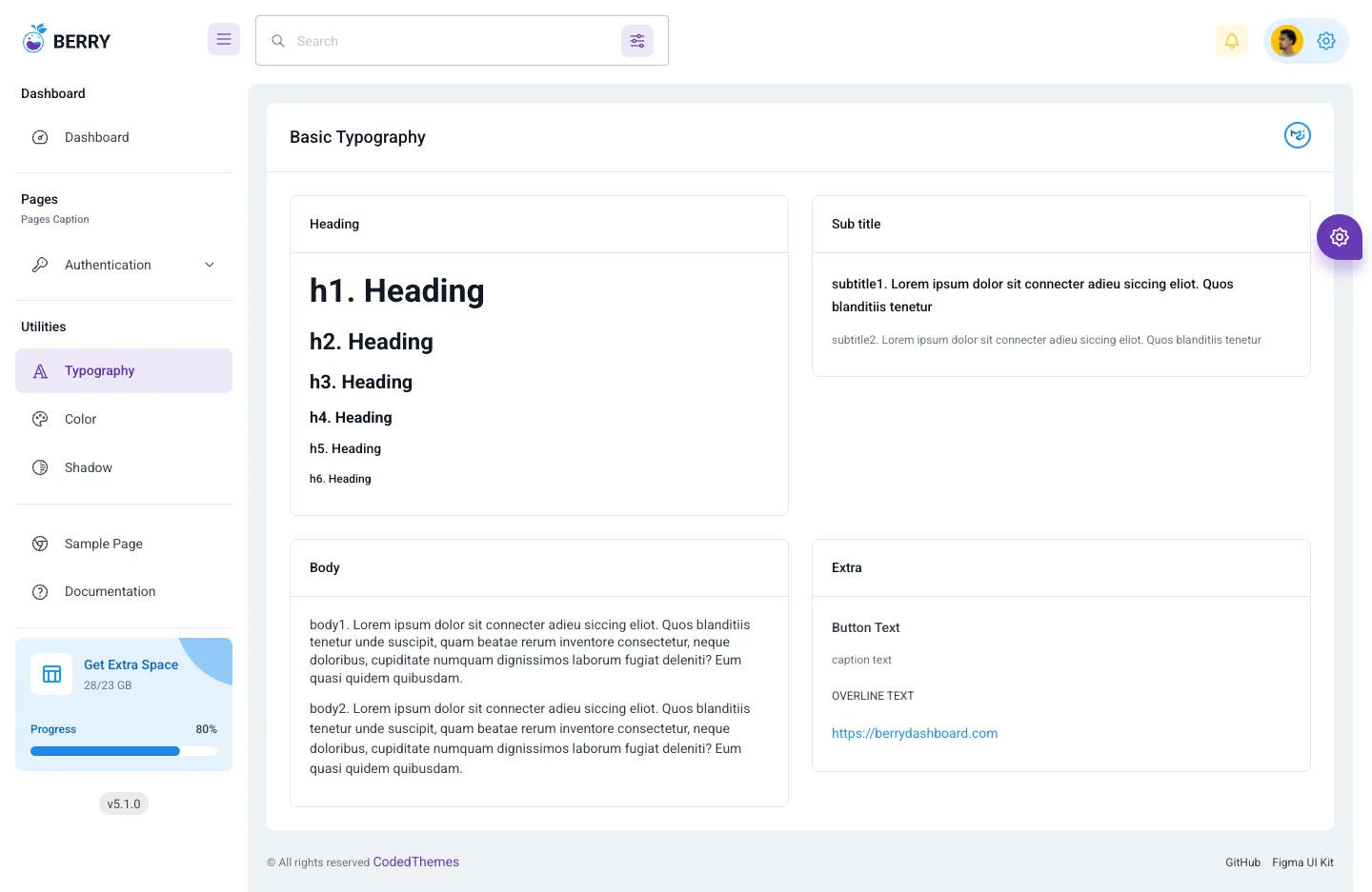 Berry Free MUI React Admin Template website template, /free/typography page, part 1