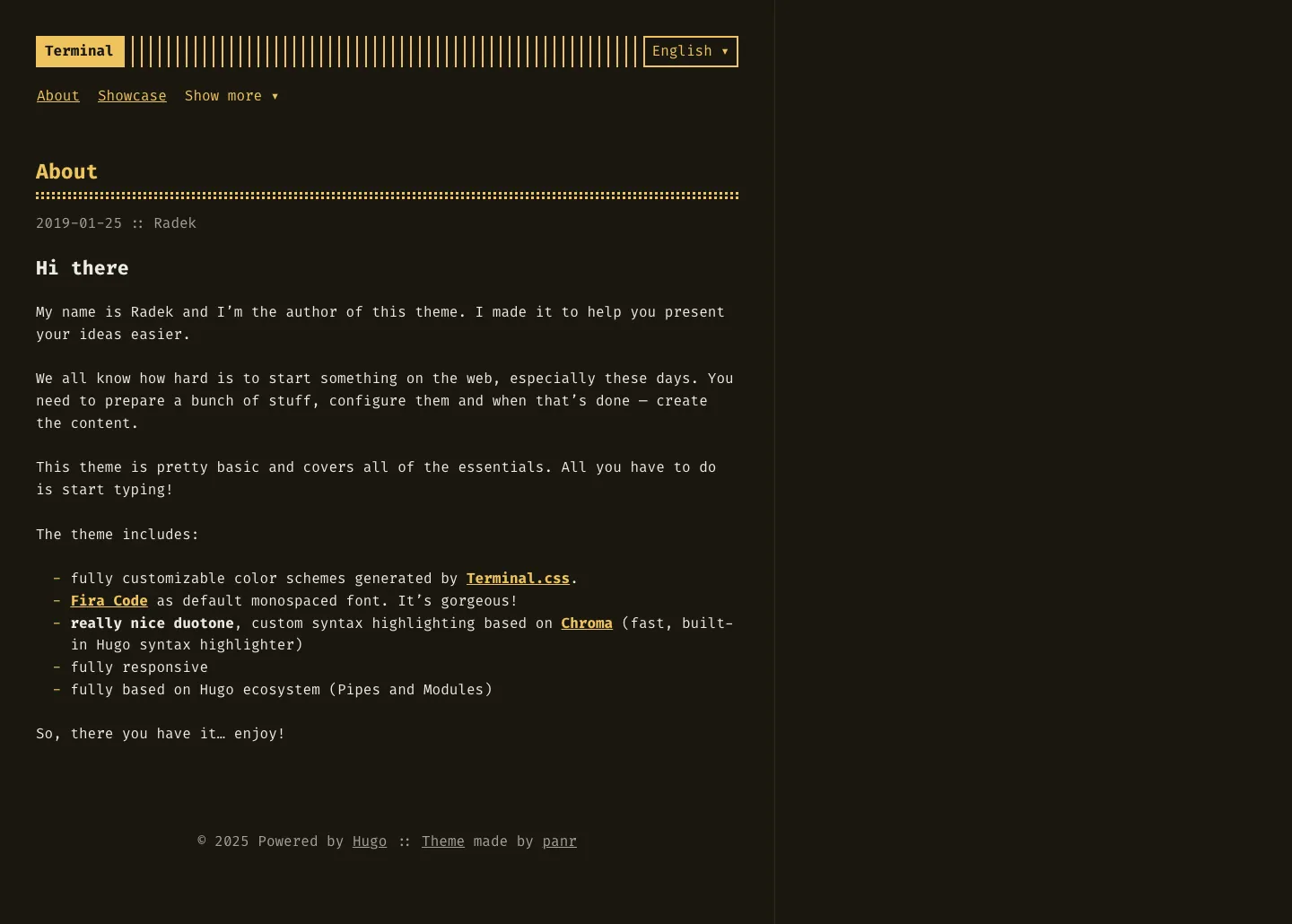 Terminal website template, /hugo-theme-terminal-demo/about page, part 1