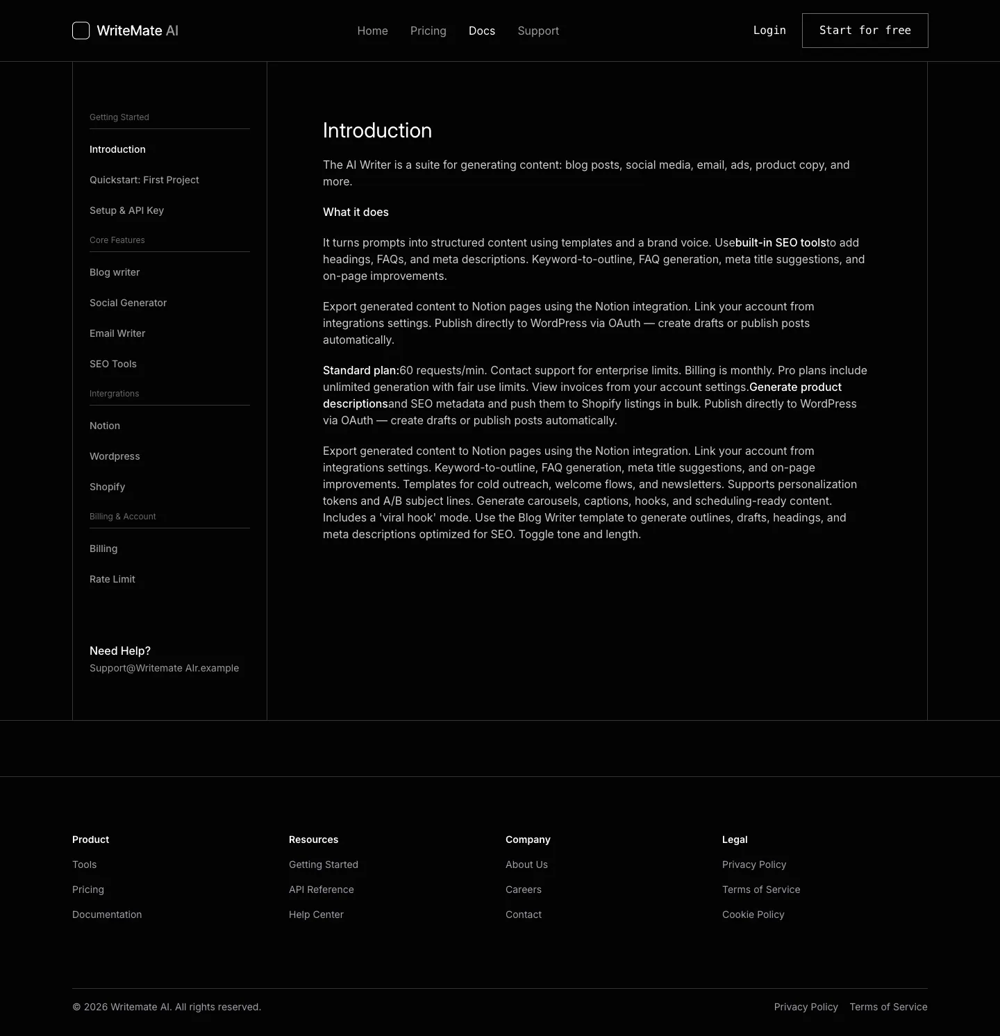 WriteMate AI website template, /docs page, part 1