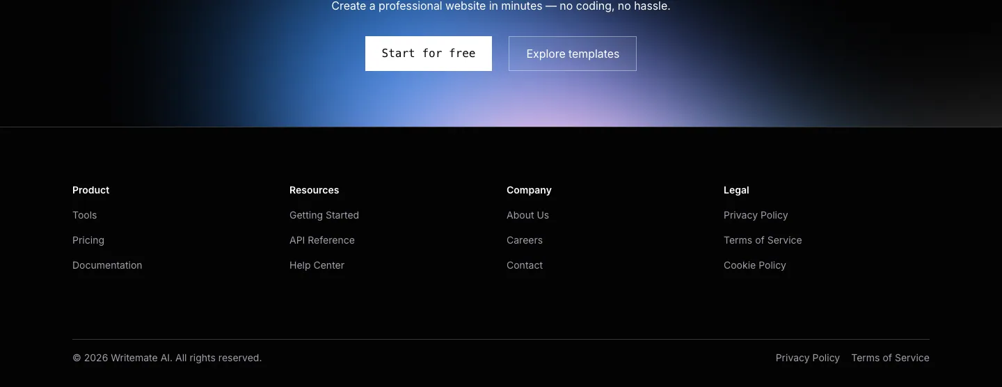 WriteMate AI website template, /pricing page, part 3