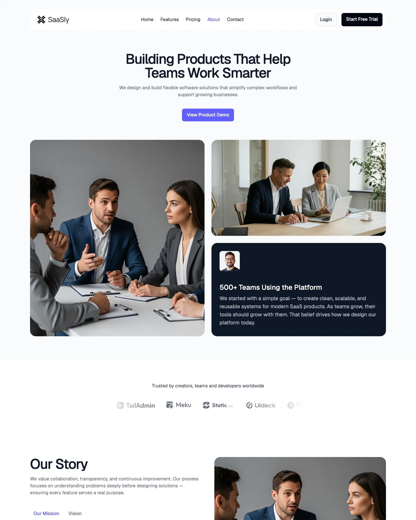 SaaSly website template, /about page, part 1