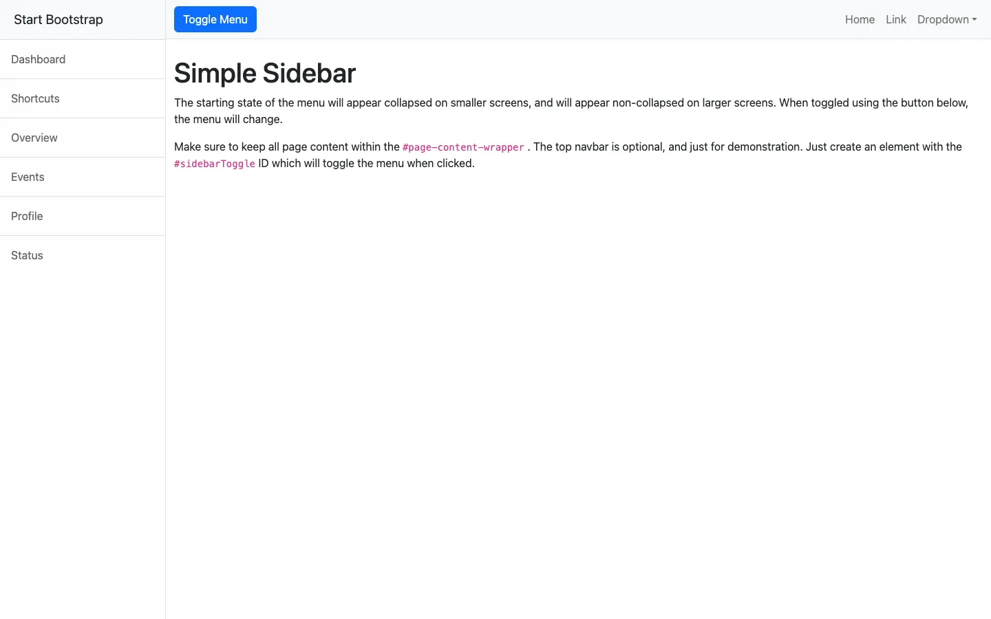 Simple Sidebar website template, /startbootstrap-simple-sidebar/ page, part 1