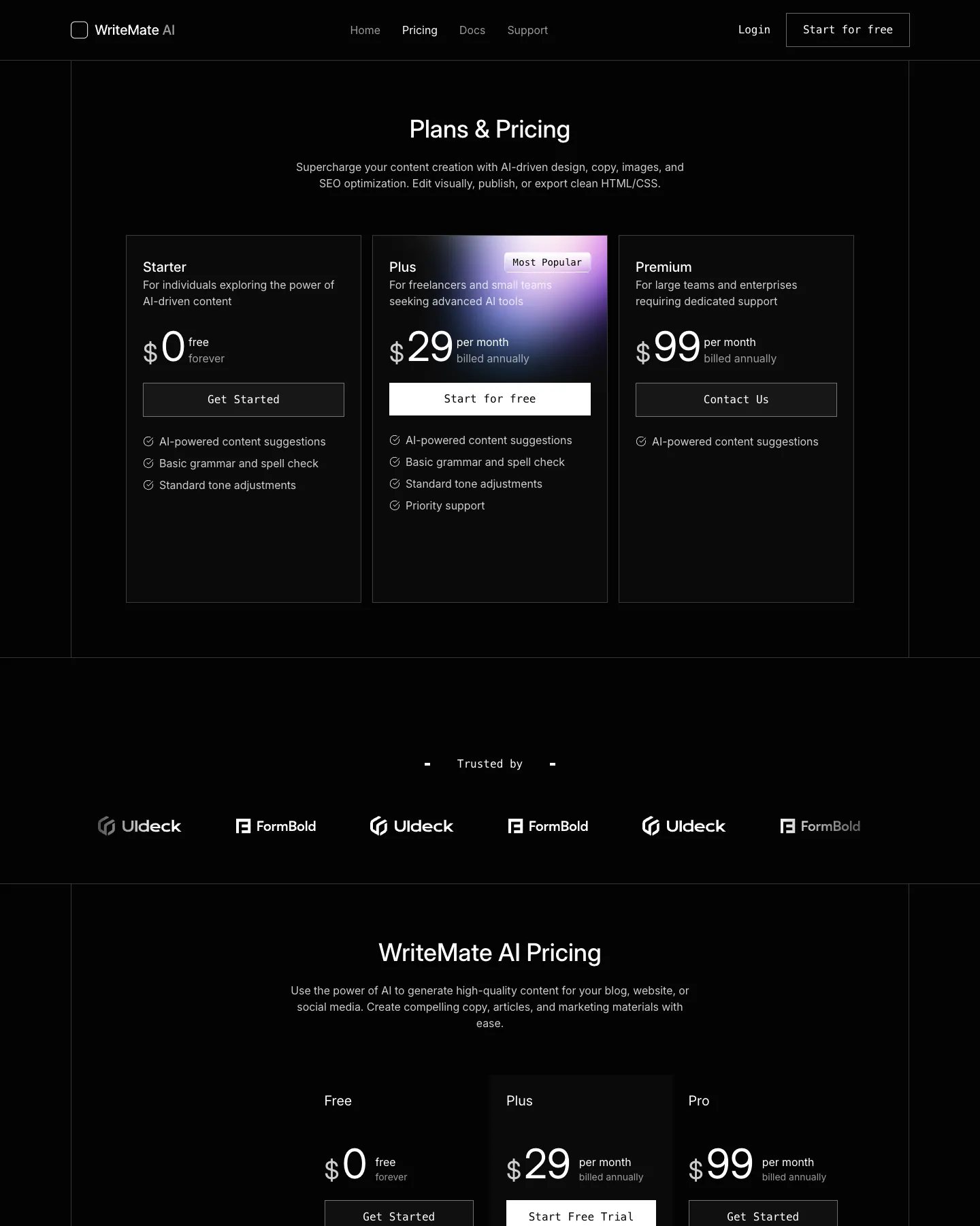 WriteMate AI website template, /pricing page, part 1