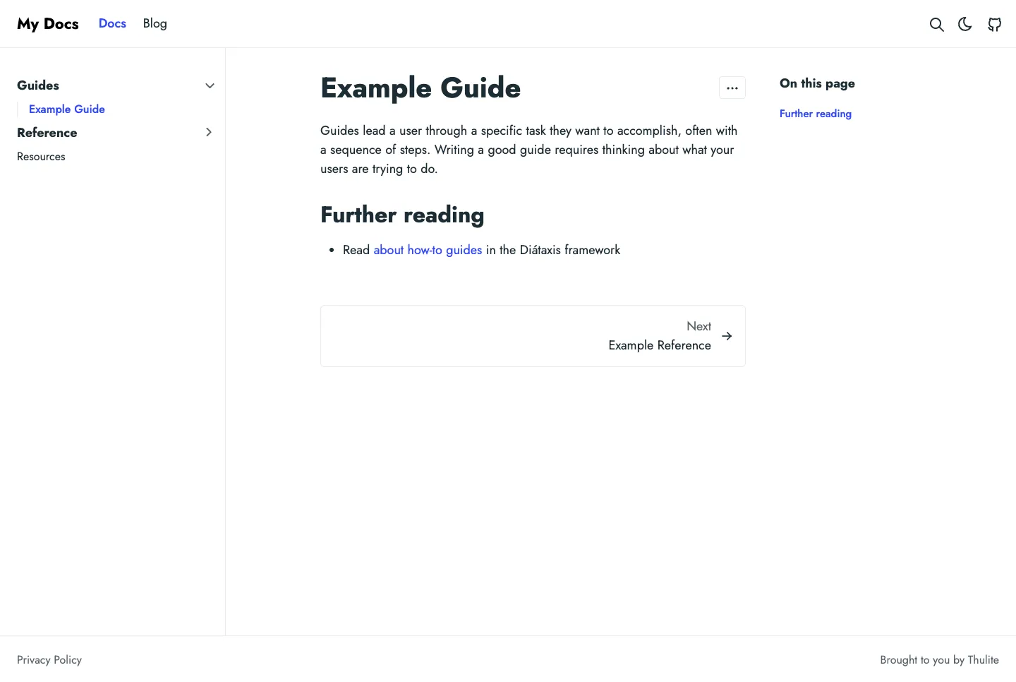 Doks website template, /docs/guides/example-guide/ page, part 1