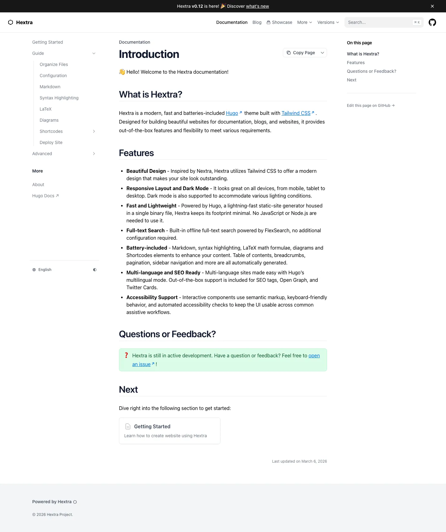 Hextra website template, /hextra/docs page, part 1